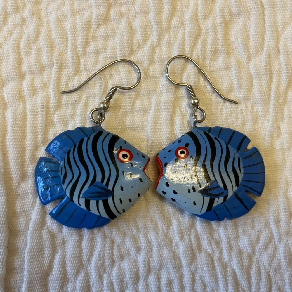 Blue Wooden Fish Earrings